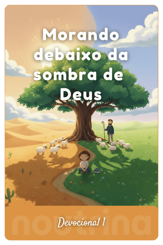 Pessoa lendo sob a árvore no esconderijo secreto do Altíssimo, com pastor e ovelhas em um campo verde sob sombra e paz.