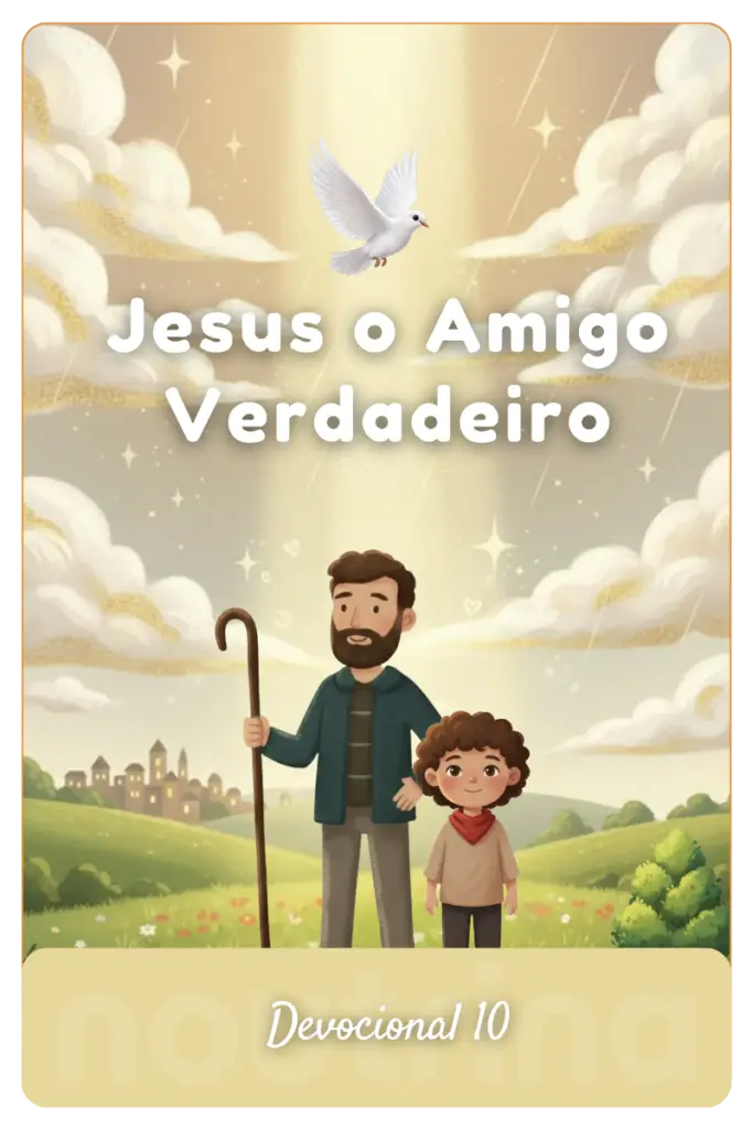 Ilustração de Jesus com cajado ao lado de uma criança em um campo iluminado com uma pomba branca voando sobre eles.