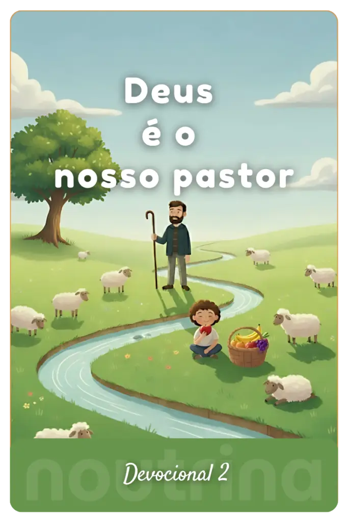 Ilustração de pastor com cajado e ovelhas em um campo verde ao lado de um rio e uma criança com cesta de frutas.
