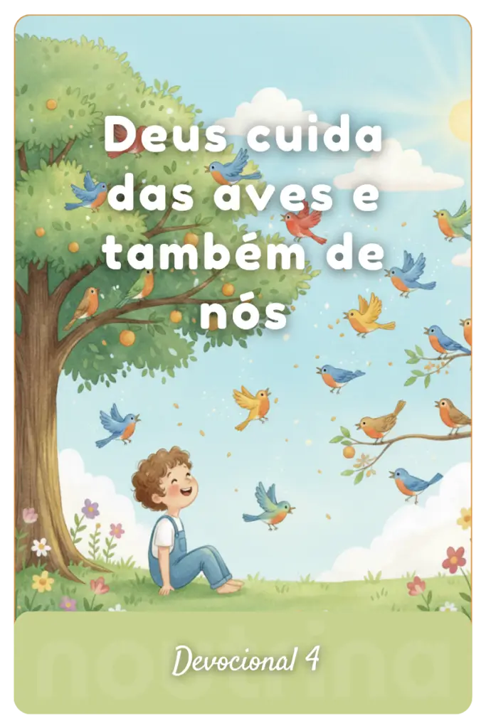 Criança sorrindo em um jardim com flores, cercada por vários pássaros coloridos voando ao redor de uma laranjeira.