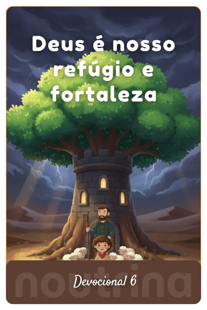 Pastor, criança e ovelhas abrigados dentro de uma árvore em forma de torre de castelo durante uma tempestade.