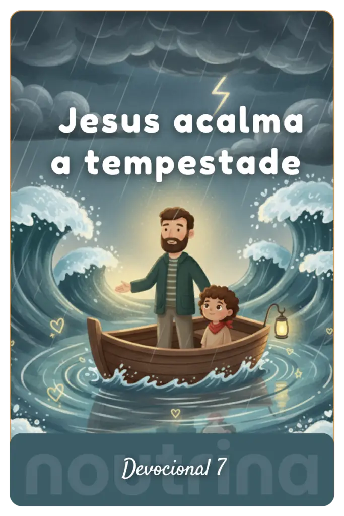Jesus e uma criança em um barco de madeira cercados por ondas gigantes durante uma tempestade com raios.