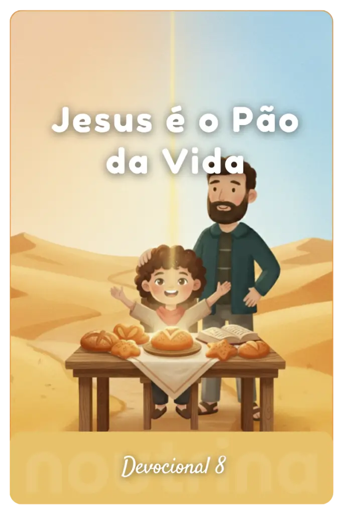 esus e uma criança alegre diante de uma mesa com pães iluminados e uma Bíblia em um cenário de deserto.