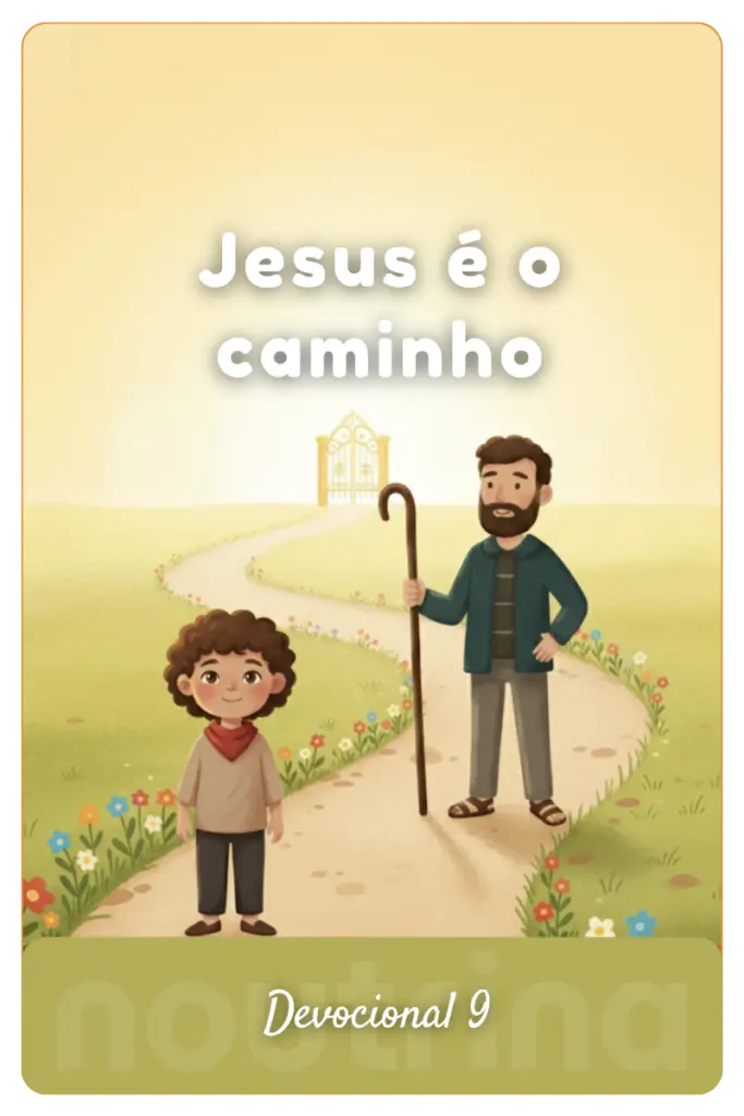 Criança e Jesus parados em uma trilha com flores que conduz a um portão dourado brilhante ao fundo.