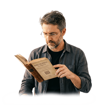 Homem concentrado lendo o livro Philosophia Classica, representando o pilar do desenvolvimento intelectual e expansão cognitiva.