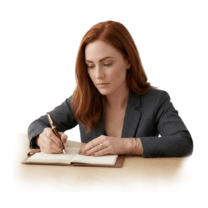 Mulher ruiva de blazer escrevendo em um caderno, representando o pilar de desenvolvimento material e financeiro.