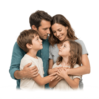 noutrina-pilar-relacionamentos-vida-social Pai, mãe e filhos unidos em um abraço afetuoso, simbolizando os laços de confiança e a rede de apoio familiar.