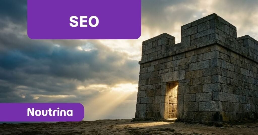 Torre de pedra resistente sob feixes de sol entre nuvens escuras, com blocos gráficos roxos exibindo as palavras SEO e Noutrina, ilustrando como evitar conteúdo duplicado WordPress.