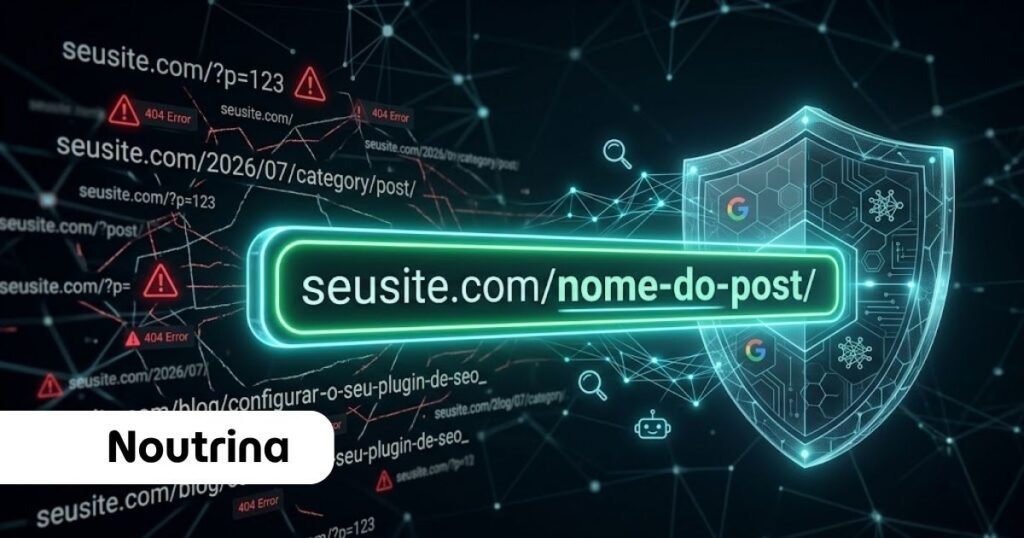 Interface digital em plano de fundo escuro com linhas de código conectadas, exibindo URLs antigas com alertas vermelhos de erro 404. Em destaque central, uma barra verde brilhante exibe o formato amigável seusite.com/nome-do-post/, conectada a um escudo cibernético com o ícone do Google, demonstrando a importância de ajustar os permalinks no WordPress. No canto inferior esquerdo, consta a palavra Noutrina escrita em uma etiqueta branca.