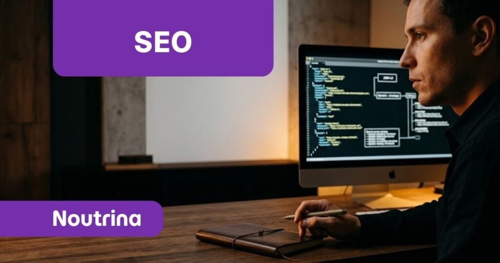 Homem de perfil em um escritório com iluminação suave, analisando códigos em um monitor enquanto segura uma caneta sobre um caderno de couro na mesa de madeira. Blocos roxos com as marcas SEO e Noutrina se destacam no layout, exemplificando como configurar The SEO Framework de forma limpa.