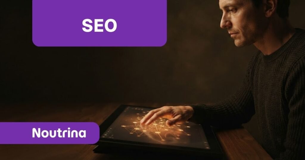 Homem operando tablet digital com interface de rede luminosa para ilustrar estratégias técnicas de crawl budget e otimização de rastreabilidade web.