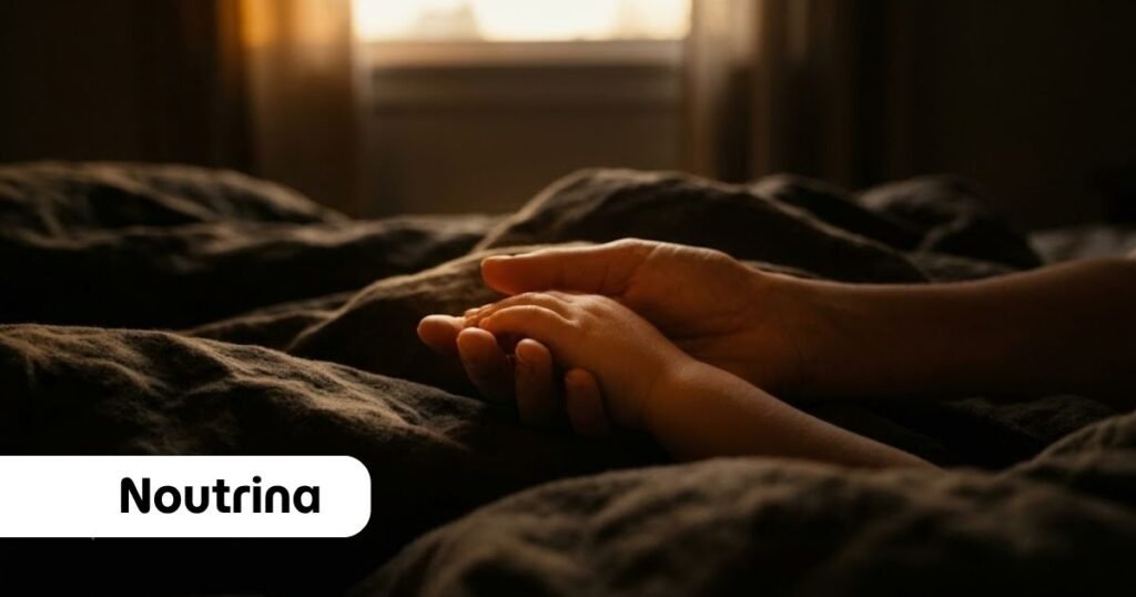 Uma mão adulta segura delicadamente a mão de uma criança sobre cobertas escuras, sob uma iluminação quente e acolhedora. No canto inferior esquerdo, há um selo branco com a palavra "Noutrina”