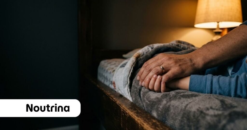 Mão de um adulto acolhendo com carinho a mão de uma criança pequena sobre um cobertor cinza em uma cama de madeira, sob a iluminação quente e suave de um abajur ao fundo, exemplificando o ato de ensinar a criança a confiar em Deus nos momentos de medo noturno.
