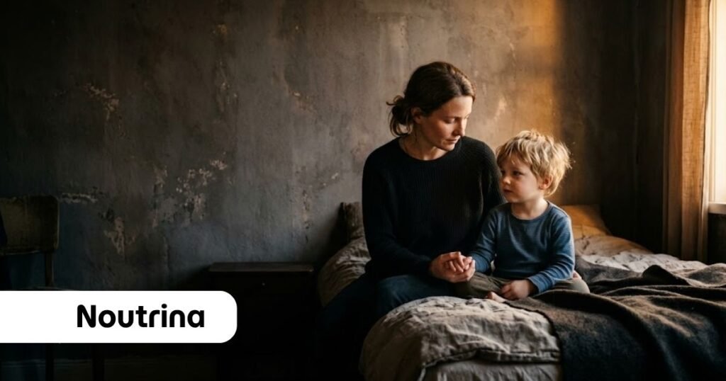 Mulher de blusa escura sentada em uma cama de ambiente rústico segura a mão de um menino pequeno de cabelos loiros enquanto conversam com proximidade, criando o ambiente ideal para ensinar criança orar com naturalidade.
