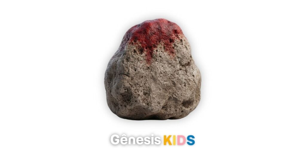 Pedra oval acinzentada, com uma mancha de sangue na parte superior, representando o pecado de Caim.