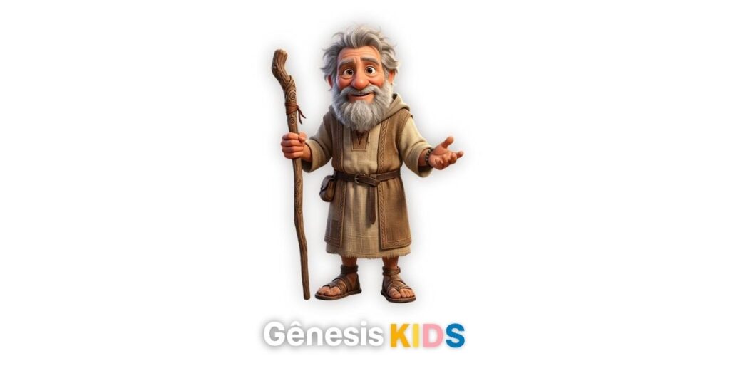Ilustração 3D infantil do personagem Enoque: um idoso sorridente de barba grisalha, túnica bege e cinto de couro, segurando um cajado de madeira. Na parte inferior, o logotipo Gênesis Kids.