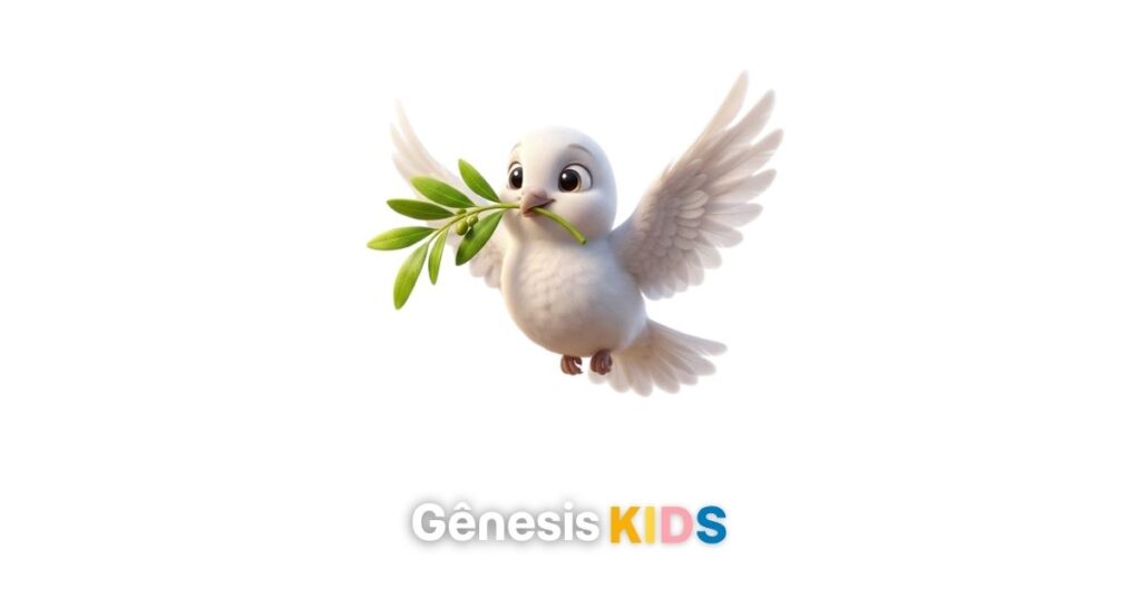 Desenho infantil de uma pomba branca segurando um ramo de oliveira no bico.
