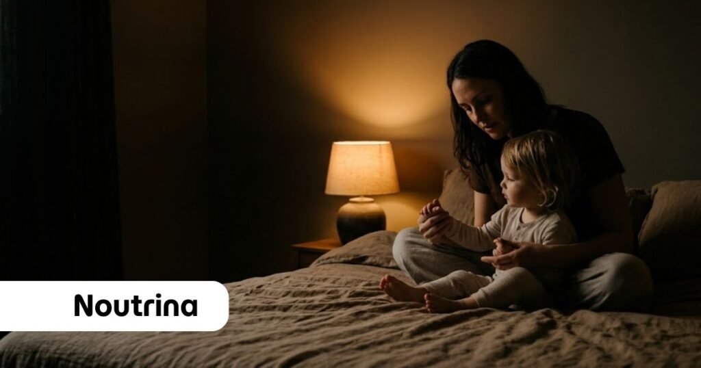 Mãe e filho pequeno de pijama sentados em uma cama aconchegante, de mãos dadas sob a luz quente e suave de um abajur de cabeceira, ilustrando a transmissão da verdadeira herança para os filhos no ambiente familiar.
