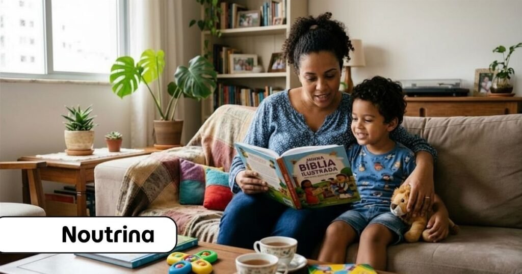 Mãe e filho sentados sorrindo no sofá enquanto folheiam o livro Minha Bíblia Ilustrada, estabelecendo um momento acolhedor de devocional infantil na sala de casa.