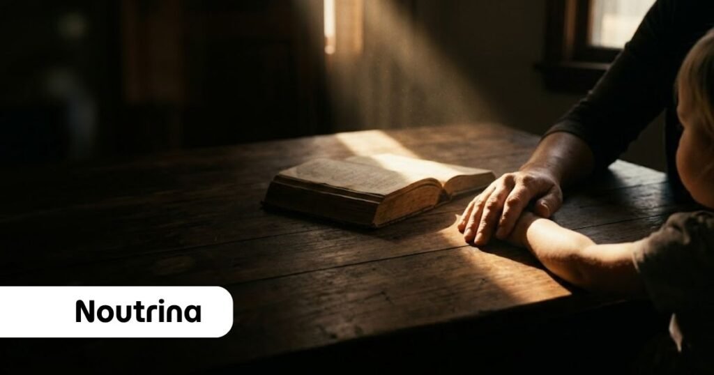 Uma Bíblia antiga aberta sobre uma mesa de madeira rústica, iluminada por um feixe de luz solar diagonal. Ao lado, a mão de um adulto acolhe e segura suavemente a mão de uma criança pequena, simbolizando o momento de responder às perguntas das crianças sobre Deus em um ambiente acolhedor. No canto inferior esquerdo, há o logotipo minimalista da Noutrina.