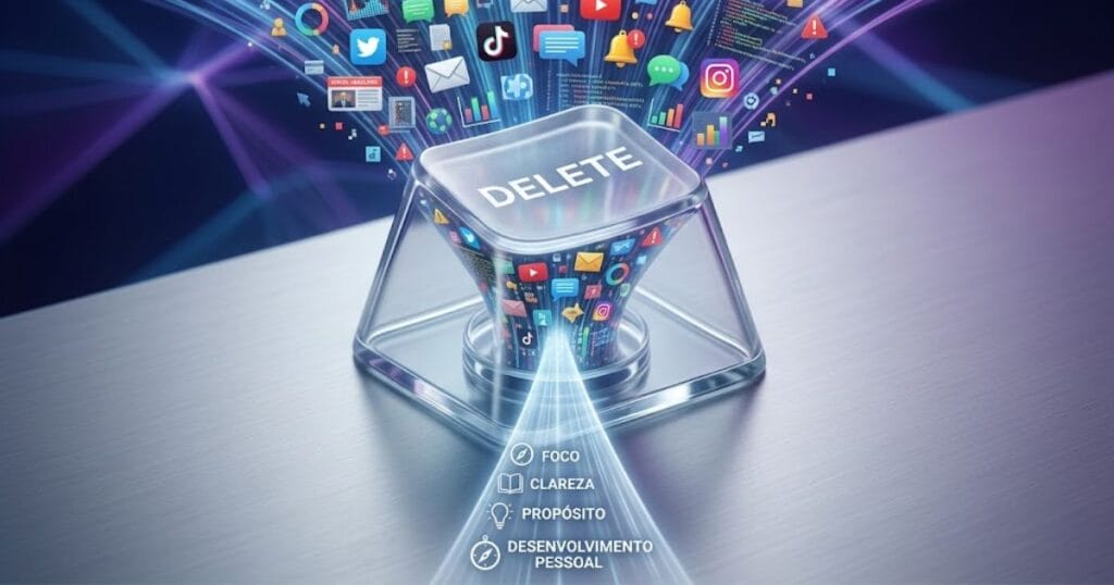 Ícones de redes sociais e e-mails fluem para dentro de um botão "DELETE", saindo como um feixe de luz com as palavras Foco, Clareza, Propósito e Desenvolvimento Pessoal.