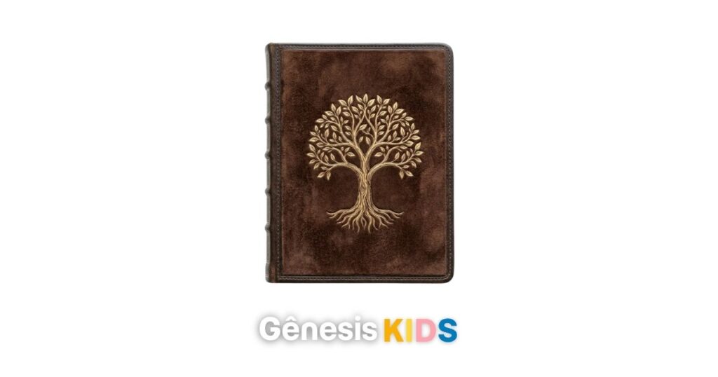 Caderno de capa castanha com entalhe dourado de árvore com raízes profundas, ilustrando o conceito de Toldot e genealogias para a aula do Gênesis Kids.