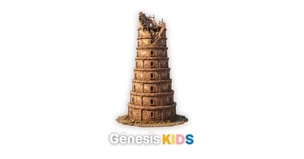 Desenho 3D de um torre inacabada, representando a torre de Babel.