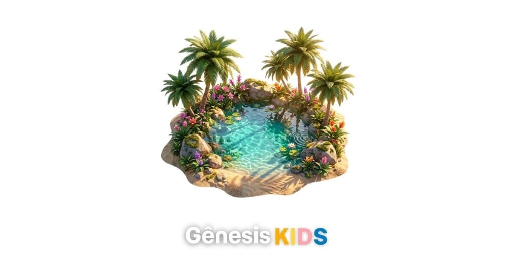 Ilustração 3D em fundo branco de um oásis tropical com lagoa transparente, palmeiras, rochas e flores coloridas, com o logo Gênesis Kids.
